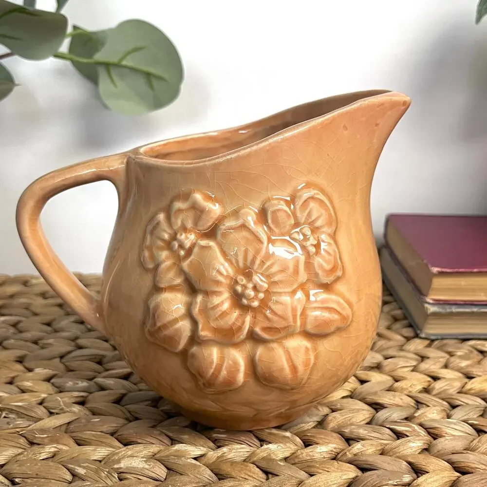 VTG Shawnee Pottery 23F Mini Pitcher Creamer Pastel Nude Peach Embossed Floral